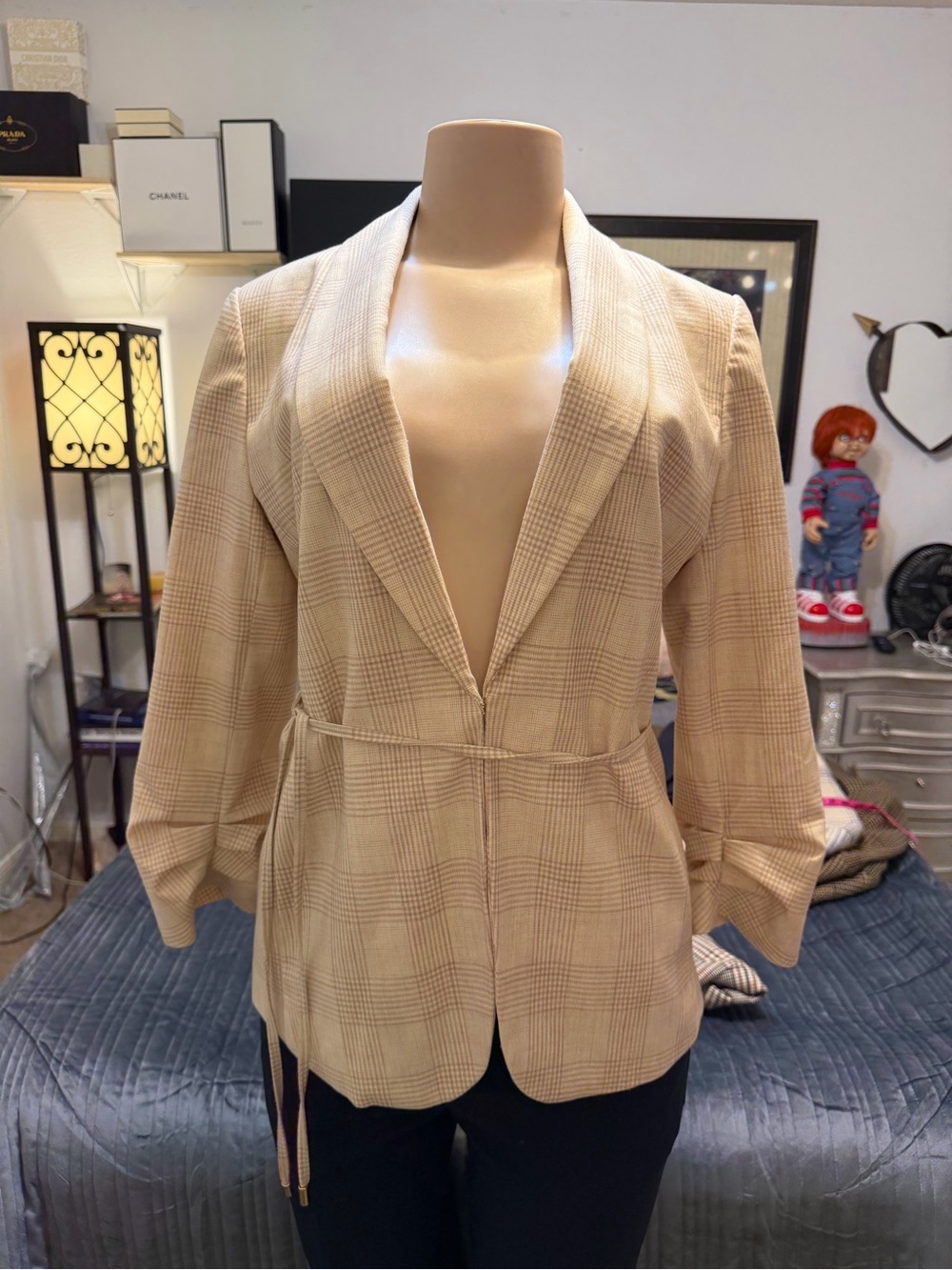 Ann Taylor Factory Beige Plaid Tie-Waist Blazer